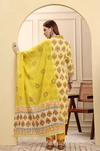 yellow ethnic motifs sequins work straight kurta trouser dupatta set