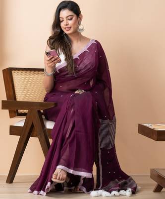 Purple handloom pure cotton all over jamdani buta and big tassels saree 2