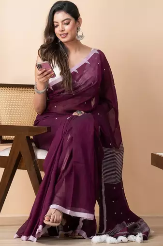 Purple handloom pure cotton all over jamdani buta and big tassels saree