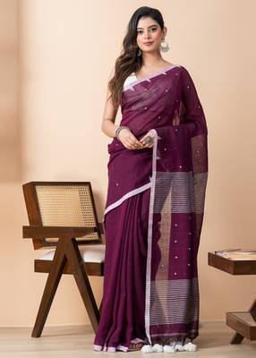 Purple handloom pure cotton all over jamdani buta and big tassels saree 3