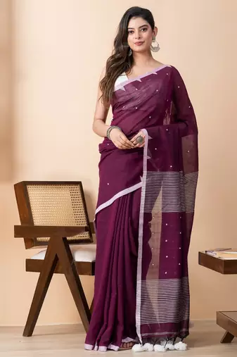 Purple handloom pure cotton all over jamdani buta and big tassels saree