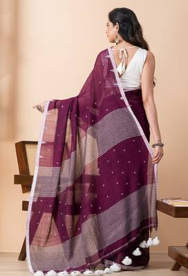 Purple handloom pure cotton all over jamdani buta and big tassels saree 4