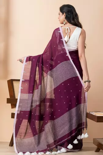 Purple handloom pure cotton all over jamdani buta and big tassels saree
