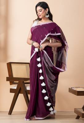 Purple handloom pure cotton all over jamdani buta and big tassels saree 5