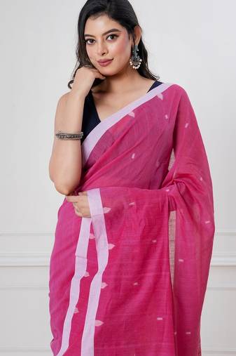 Pink handloom mark dhanikhali mul cotton jamdani saree