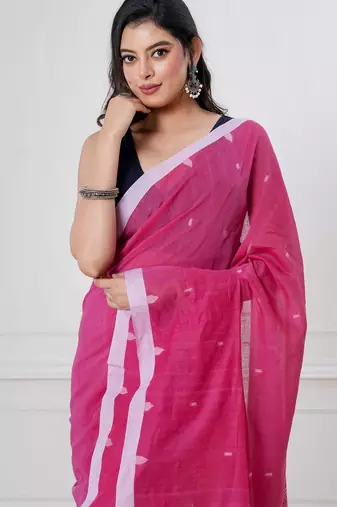 Pink handloom mark dhanikhali mul cotton jamdani saree