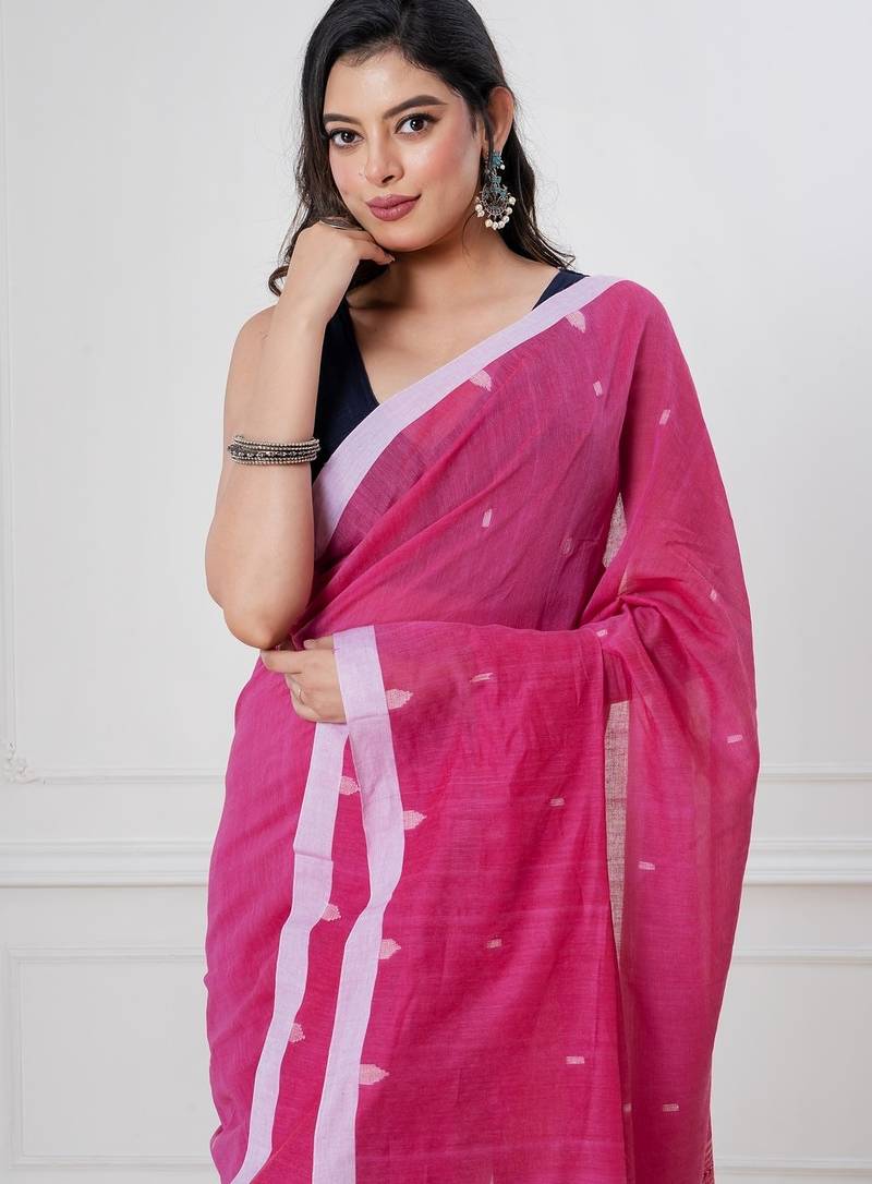Pink handloom mark dhanikhali mul cotton jamdani saree