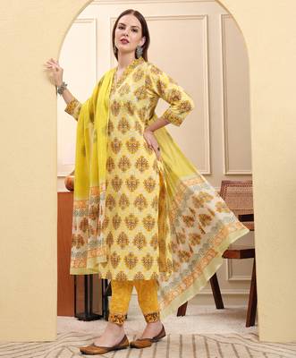 yellow ethnic motifs sequins work straight kurta trouser dupatta set 5