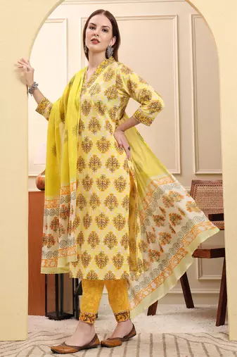 yellow ethnic motifs sequins work straight kurta trouser dupatta set