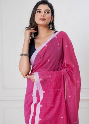 Pink handloom mark dhanikhali mul cotton jamdani saree 2