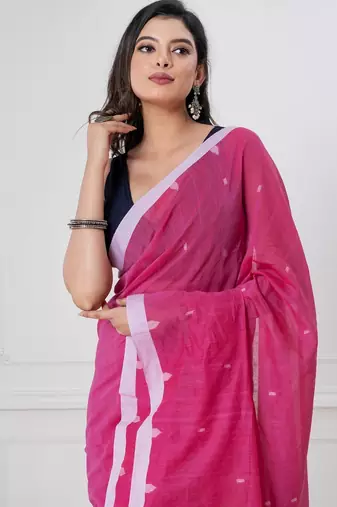 Pink handloom mark dhanikhali mul cotton jamdani saree