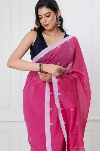 Pink handloom mark dhanikhali mul cotton jamdani saree