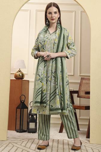 Yufta green pure cotton floral thread work straight kurta trouser dupatta set