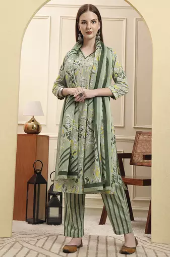 Yufta green pure cotton floral thread work straight kurta trouser dupatta set