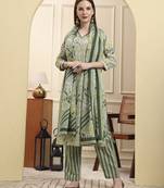 green pure cotton floral thread work straight kurta trouser dupatta set