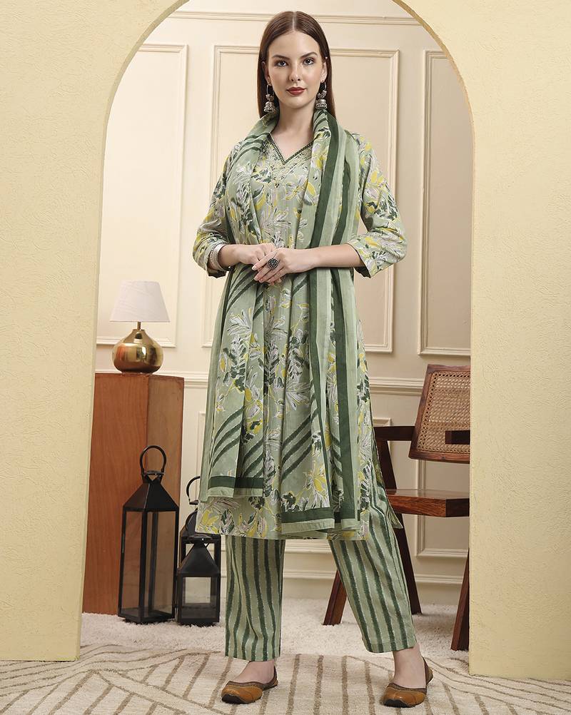 Yufta green pure cotton floral thread work straight kurta trouser dupatta set