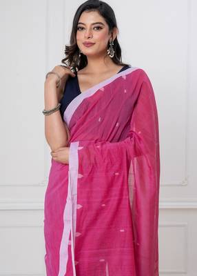 Pink handloom mark dhanikhali mul cotton jamdani saree 4