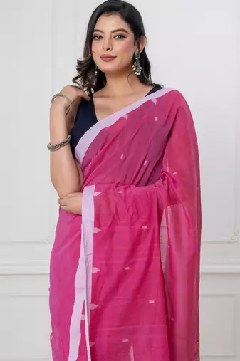 Pink handloom mark dhanikhali mul cotton jamdani saree