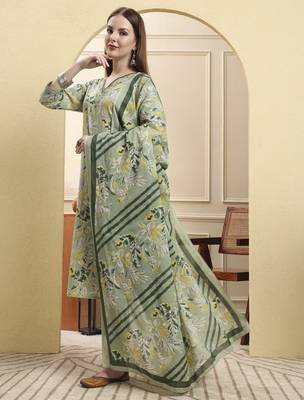 green pure cotton floral thread work straight kurta trouser dupatta set 2