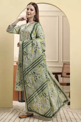green pure cotton floral thread work straight kurta trouser dupatta set
