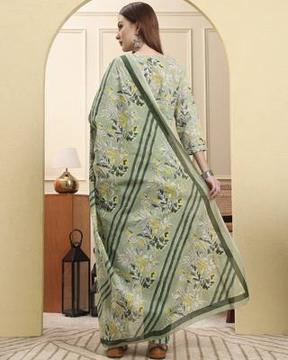 green pure cotton floral thread work straight kurta trouser dupatta set 3