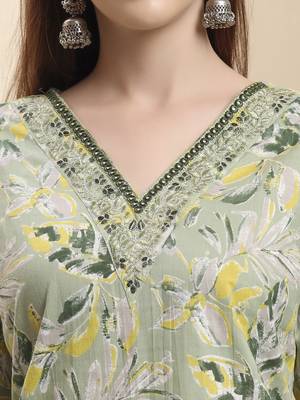 green pure cotton floral thread work straight kurta trouser dupatta set 4