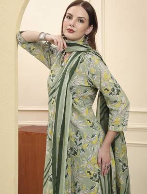 green pure cotton floral thread work straight kurta trouser dupatta set 5