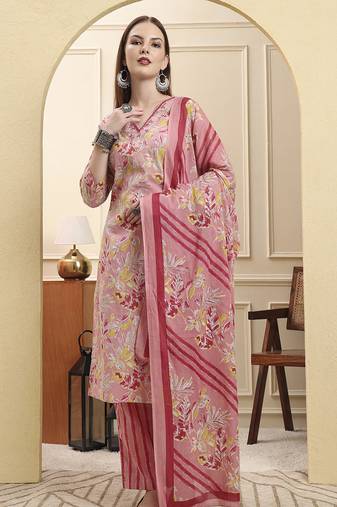 Yufta pink pure cotton floral thread work straight kurta trouser dupatta set