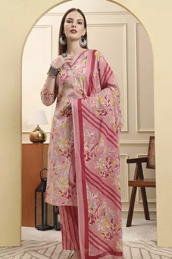 Yufta pink pure cotton floral thread work straight kurta trouser dupatta set