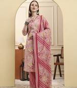 pink pure cotton floral thread work straight kurta trouser dupatta set