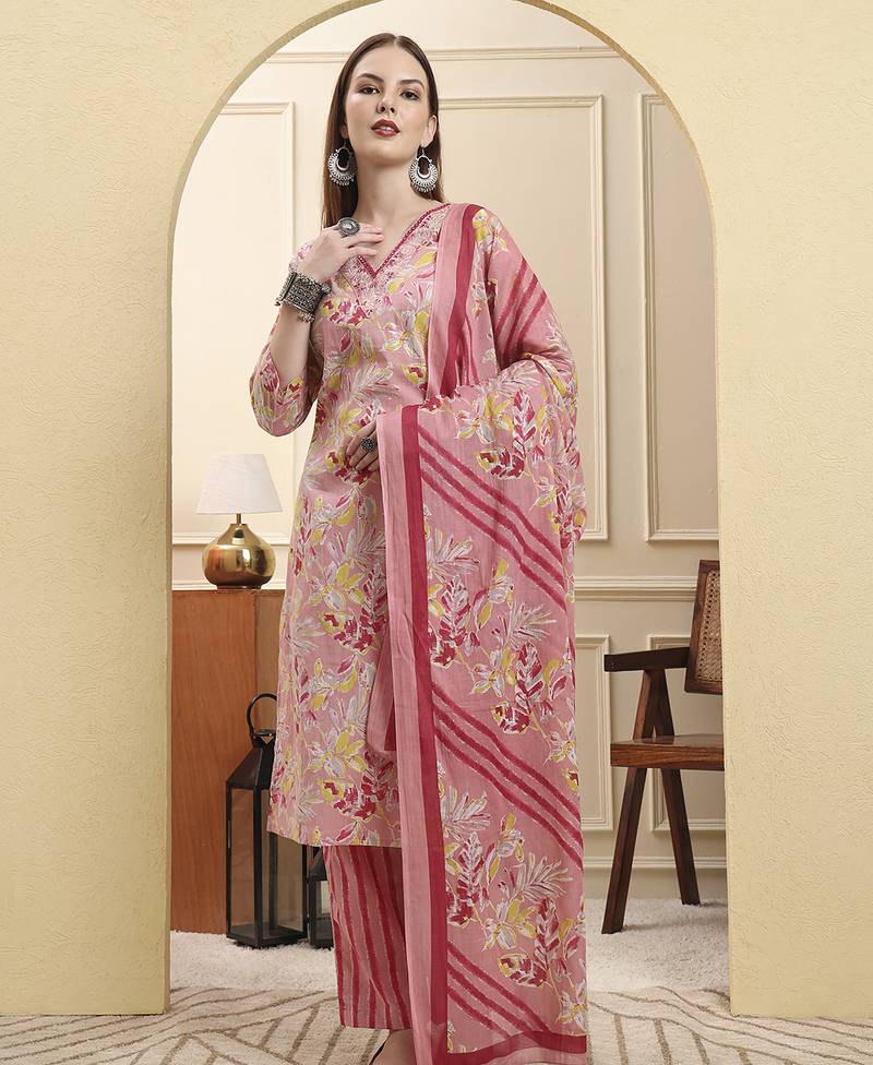 Yufta pink pure cotton floral thread work straight kurta trouser dupatta set