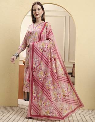 pink pure cotton floral thread work straight kurta trouser dupatta set 2