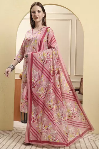 pink pure cotton floral thread work straight kurta trouser dupatta set