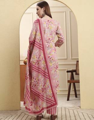 pink pure cotton floral thread work straight kurta trouser dupatta set 3