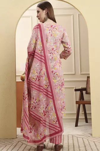 pink pure cotton floral thread work straight kurta trouser dupatta set