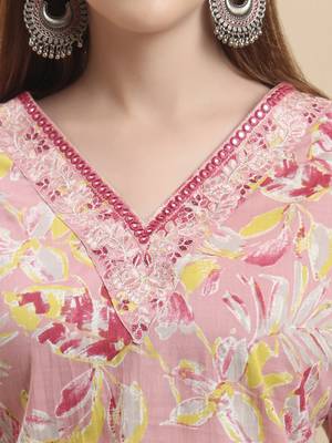pink pure cotton floral thread work straight kurta trouser dupatta set 4