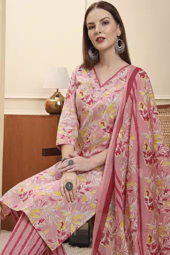 pink pure cotton floral thread work straight kurta trouser dupatta set