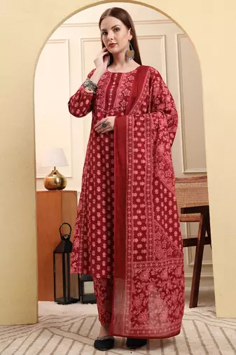 Yufta maroon pure cotton floral sequins work a-line kurta trouser dupatta set