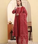 maroon pure cotton floral sequins work a-line kurta trouser dupatta set