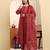 Yufta maroon pure cotton floral sequins work a-line kurta trouser dupatta set