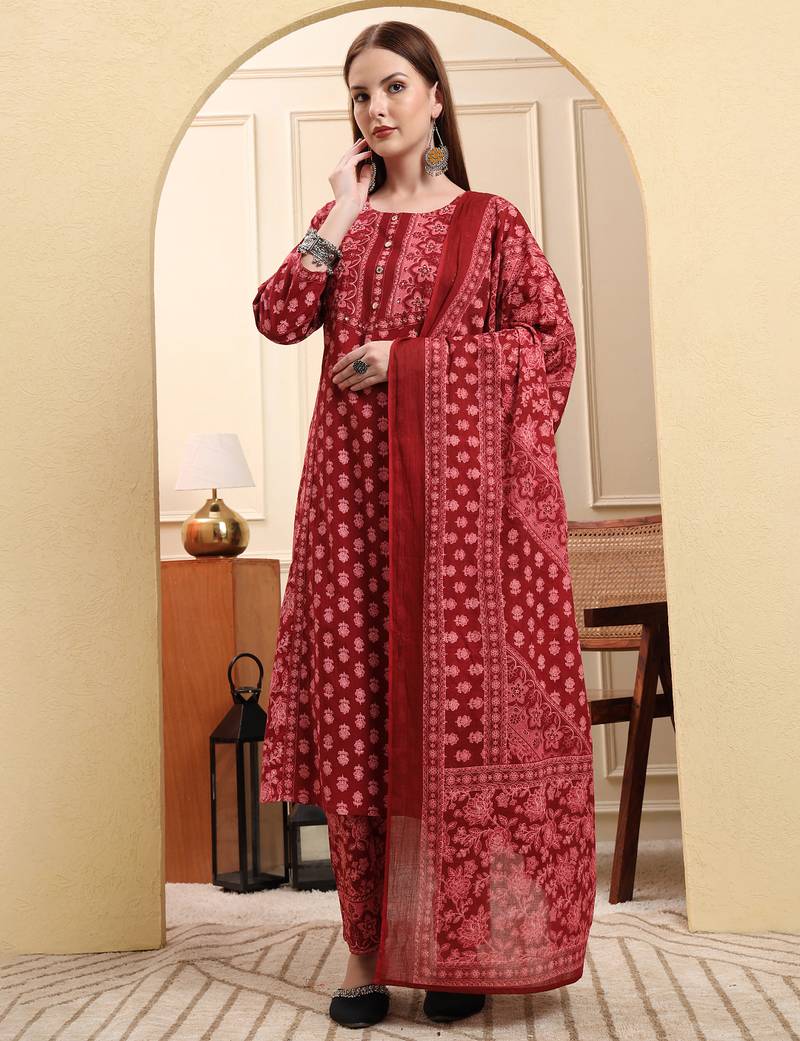 Yufta maroon pure cotton floral sequins work a-line kurta trouser dupatta set