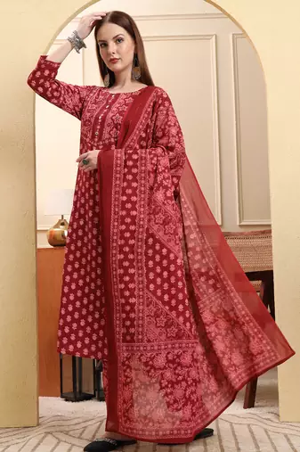 maroon pure cotton floral sequins work a-line kurta trouser dupatta set