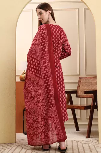 maroon pure cotton floral sequins work a-line kurta trouser dupatta set