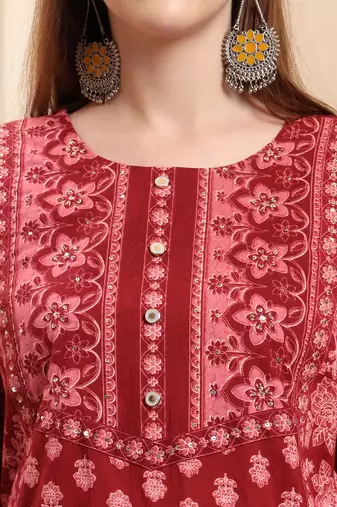 maroon pure cotton floral sequins work a-line kurta trouser dupatta set