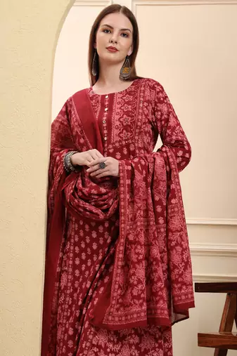 maroon pure cotton floral sequins work a-line kurta trouser dupatta set