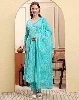blue pure cotton floral thread work anarkali kurta trouser dupatta set 1