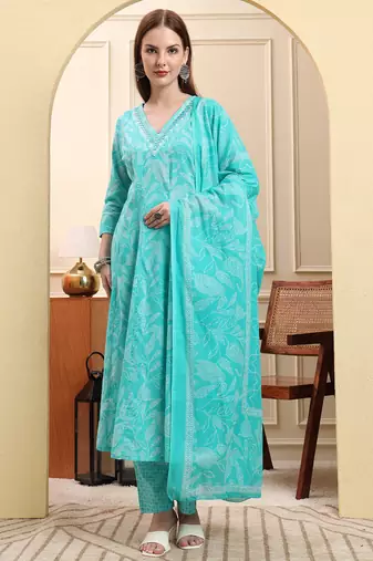 Yufta blue pure cotton floral thread work anarkali kurta trouser dupatta set