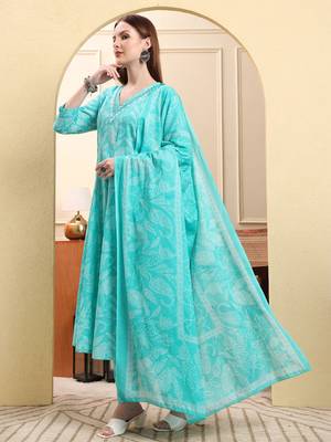 blue pure cotton floral thread work anarkali kurta trouser dupatta set 2