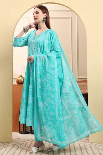 blue pure cotton floral thread work anarkali kurta trouser dupatta set