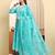 Yufta blue pure cotton floral thread work anarkali kurta trouser dupatta set